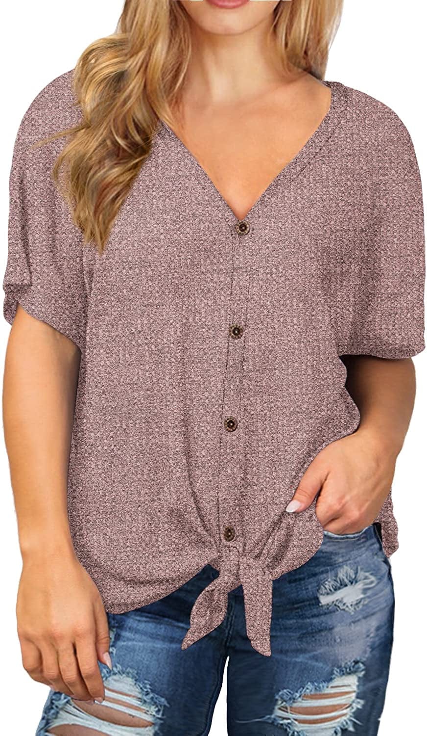 OLRIK Womens plus Size Tops Long/Short Sleeve V Neck Waffle Knit Tunic Blouse Tie Front Button up T Shirts A14-short Sleeve-vg Pink / Large Plus