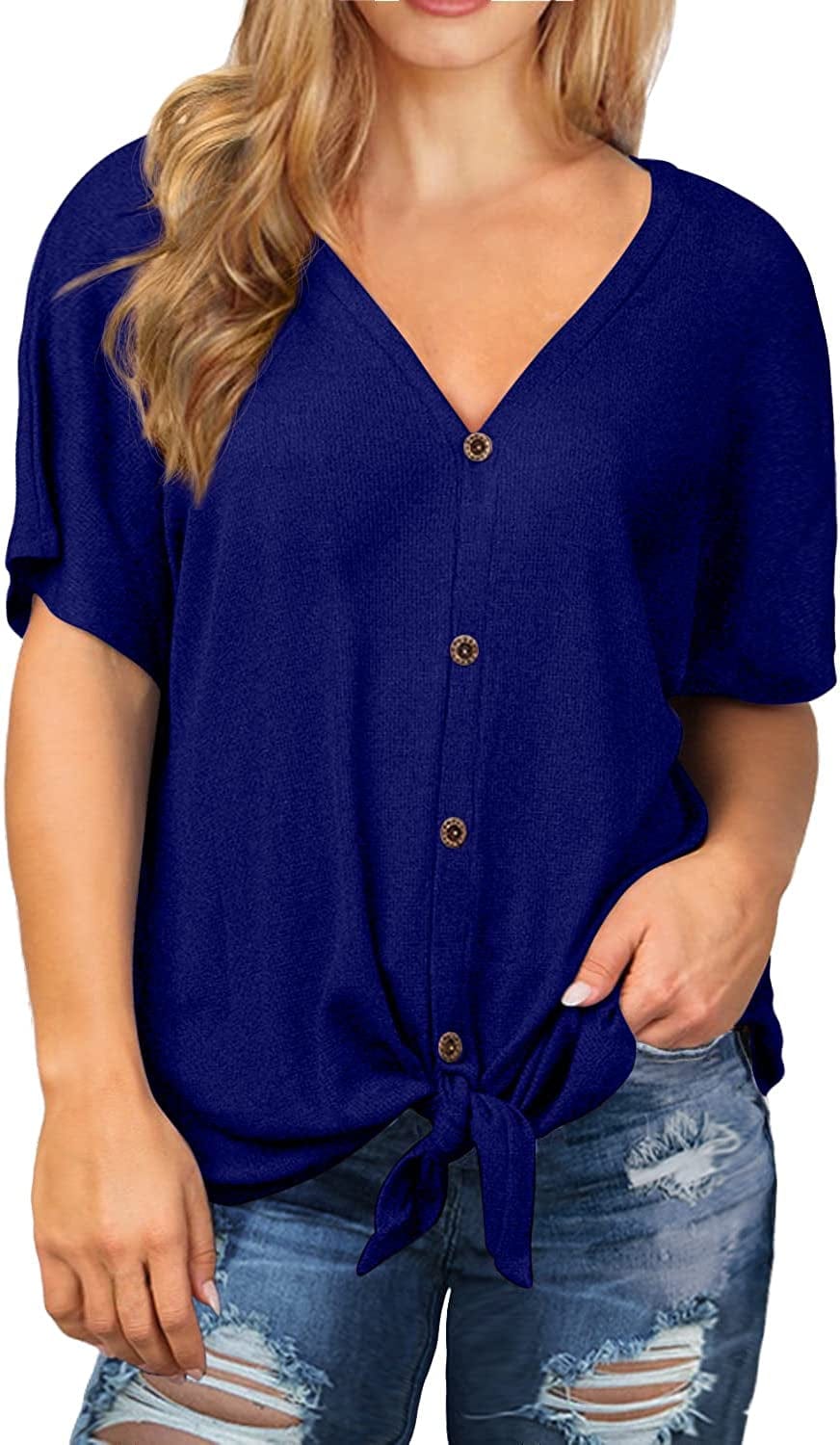 OLRIK Womens plus Size Tops Long/Short Sleeve V Neck Waffle Knit Tunic Blouse Tie Front Button up T Shirts A10-short Sleeve-royal Blue / 1X