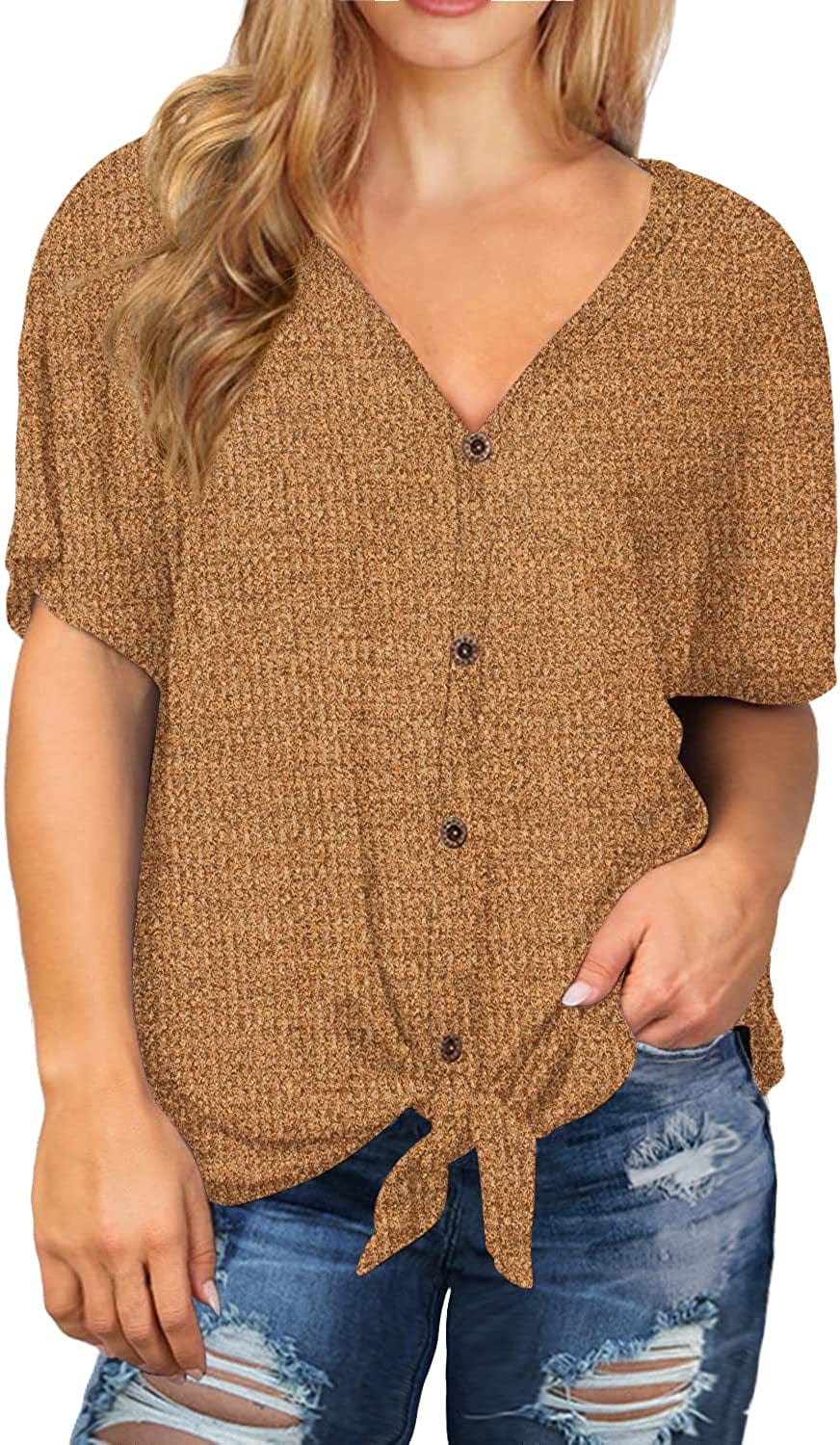 OLRIK Womens plus Size Tops Long/Short Sleeve V Neck Waffle Knit Tunic Blouse Tie Front Button up T Shirts A15-short Sleeve-vg Yellow / Large Plus