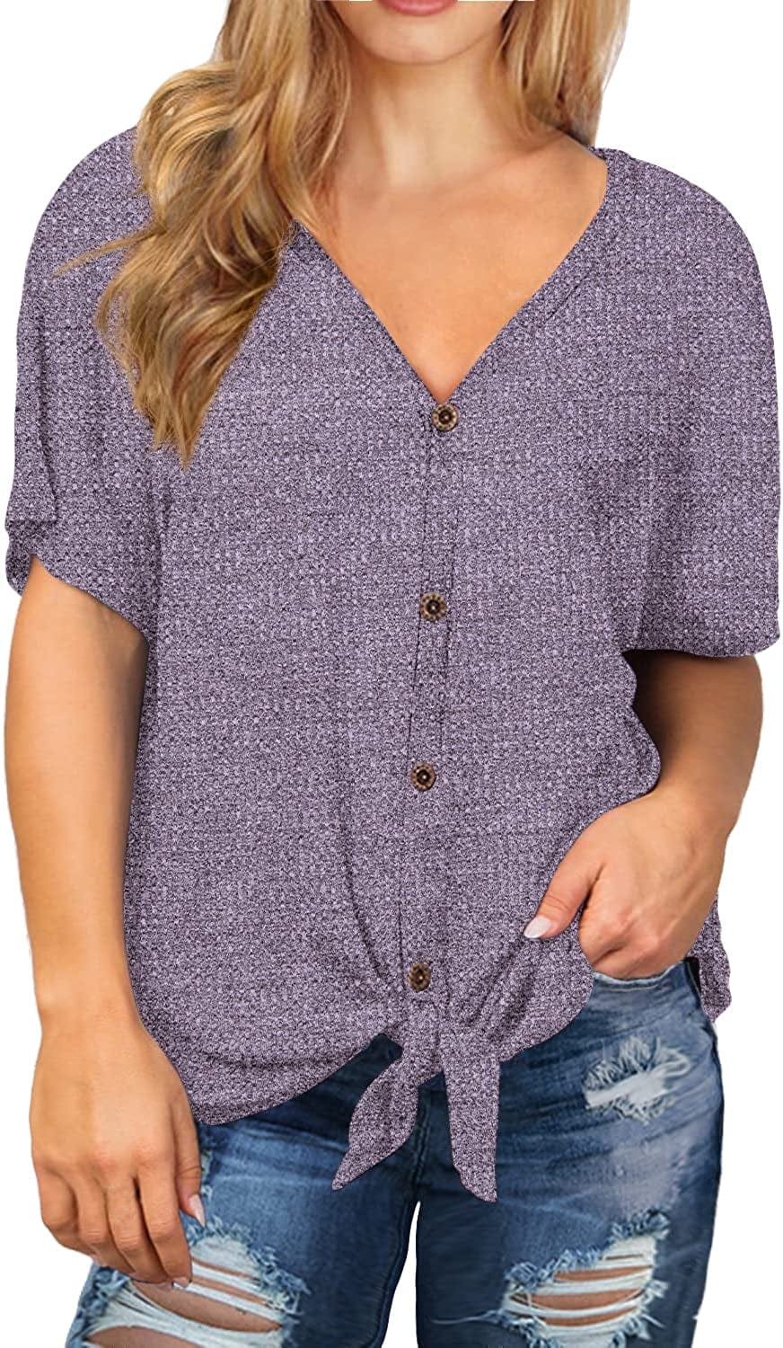 OLRIK Womens plus Size Tops Long/Short Sleeve V Neck Waffle Knit Tunic Blouse Tie Front Button up T Shirts A11-short Sleeve-vg Lavender / 1X