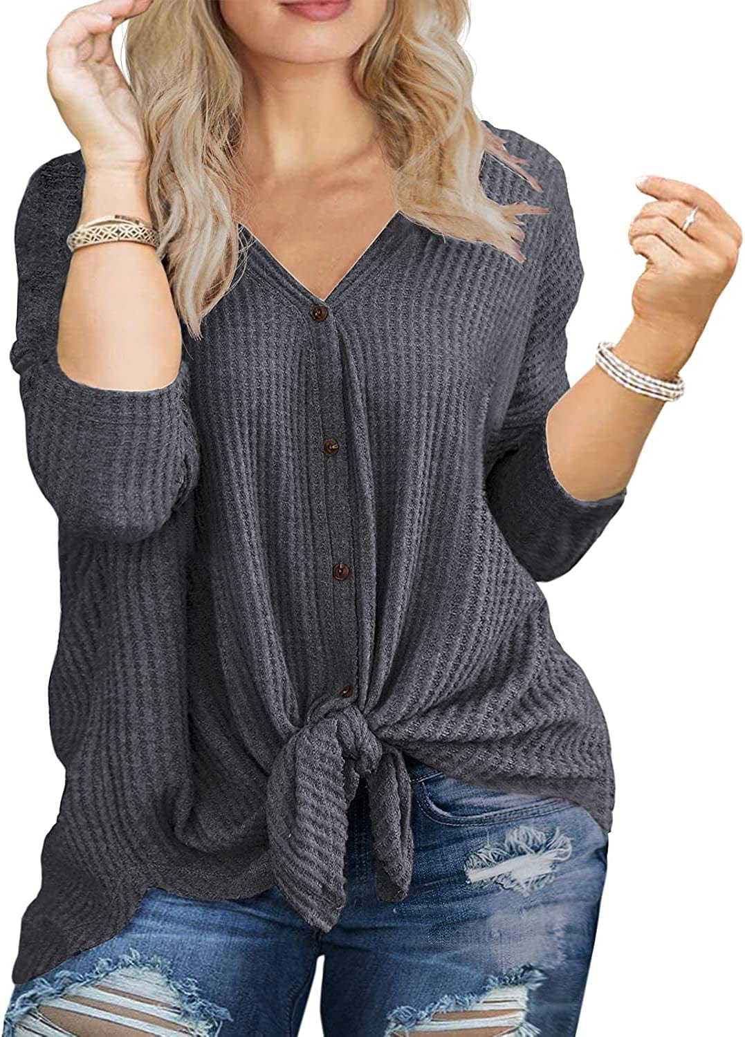 OLRIK Womens plus Size Tops Long/Short Sleeve V Neck Waffle Knit Tunic Blouse Tie Front Button up T Shirts C04-dark Gray / 1X