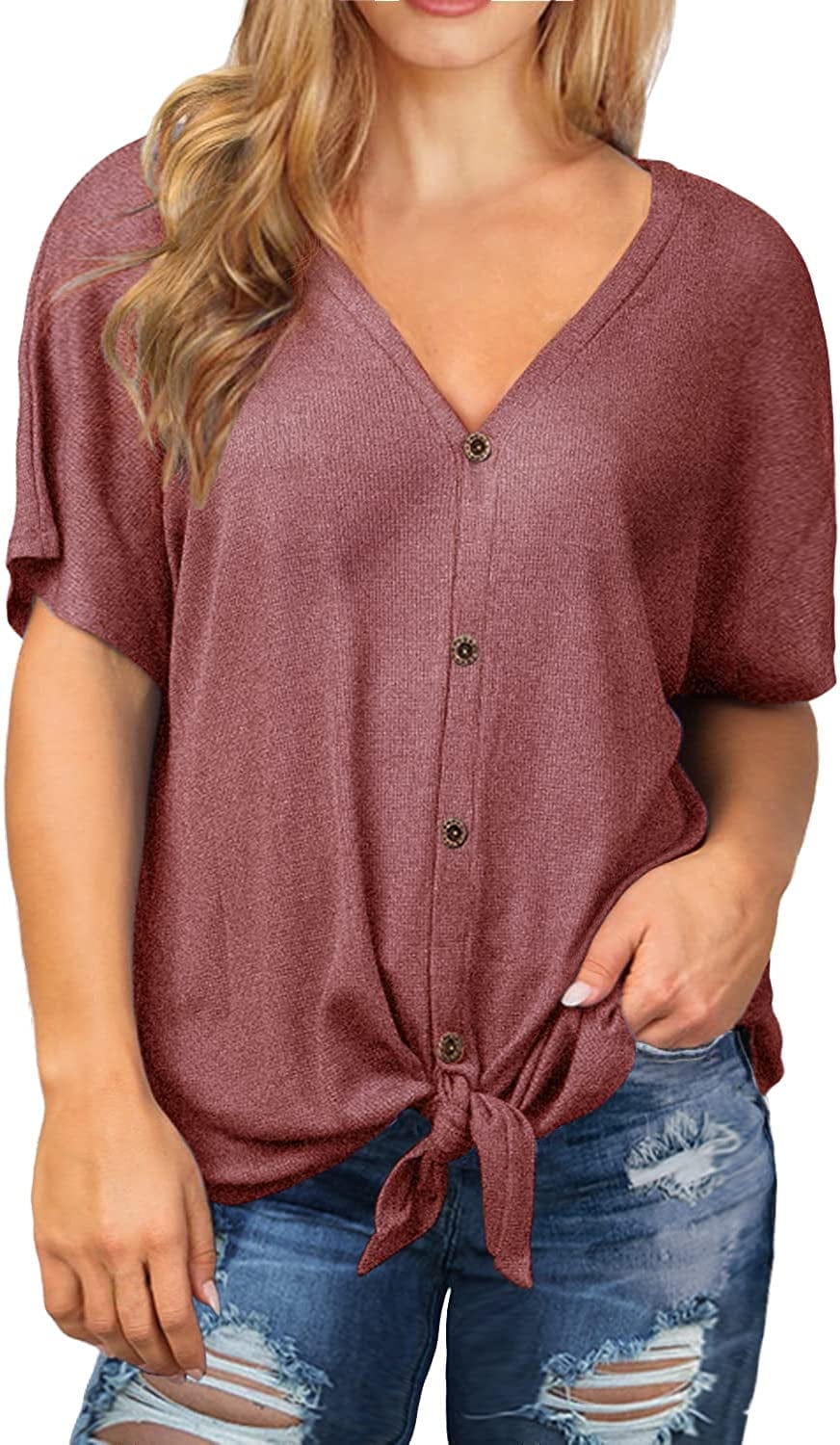 OLRIK Womens plus Size Tops Long/Short Sleeve V Neck Waffle Knit Tunic Blouse Tie Front Button up T Shirts A04-short Sleeve-rust Red / 1X