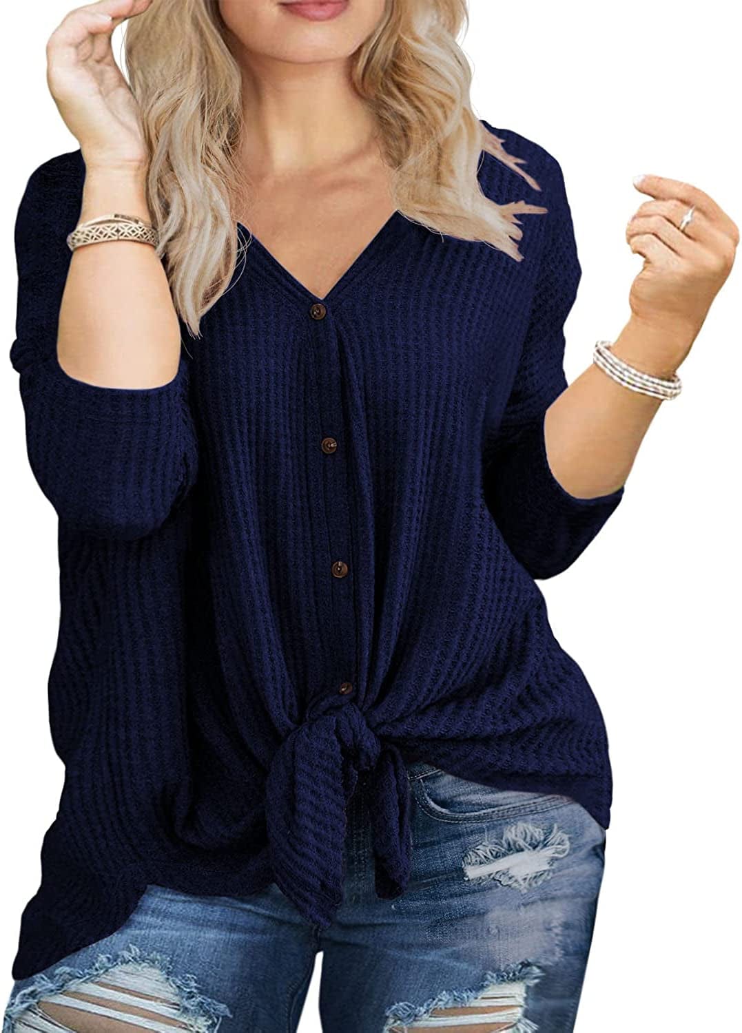 OLRIK Womens plus Size Tops Long/Short Sleeve V Neck Waffle Knit Tunic Blouse Tie Front Button up T Shirts C11-navy Blue / 1X