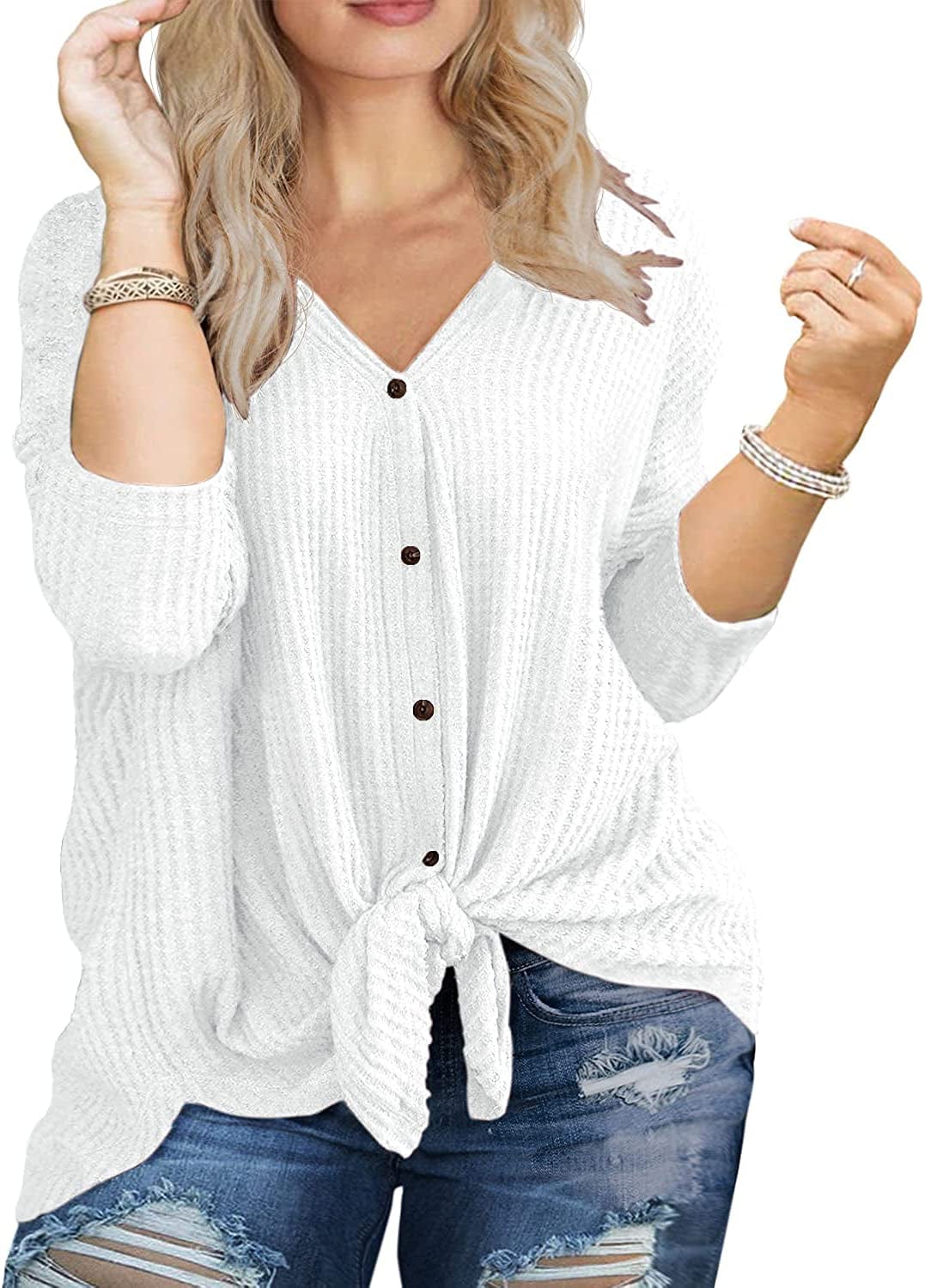 OLRIK Womens plus Size Tops Long/Short Sleeve V Neck Waffle Knit Tunic Blouse Tie Front Button up T Shirts C09-white / 2X