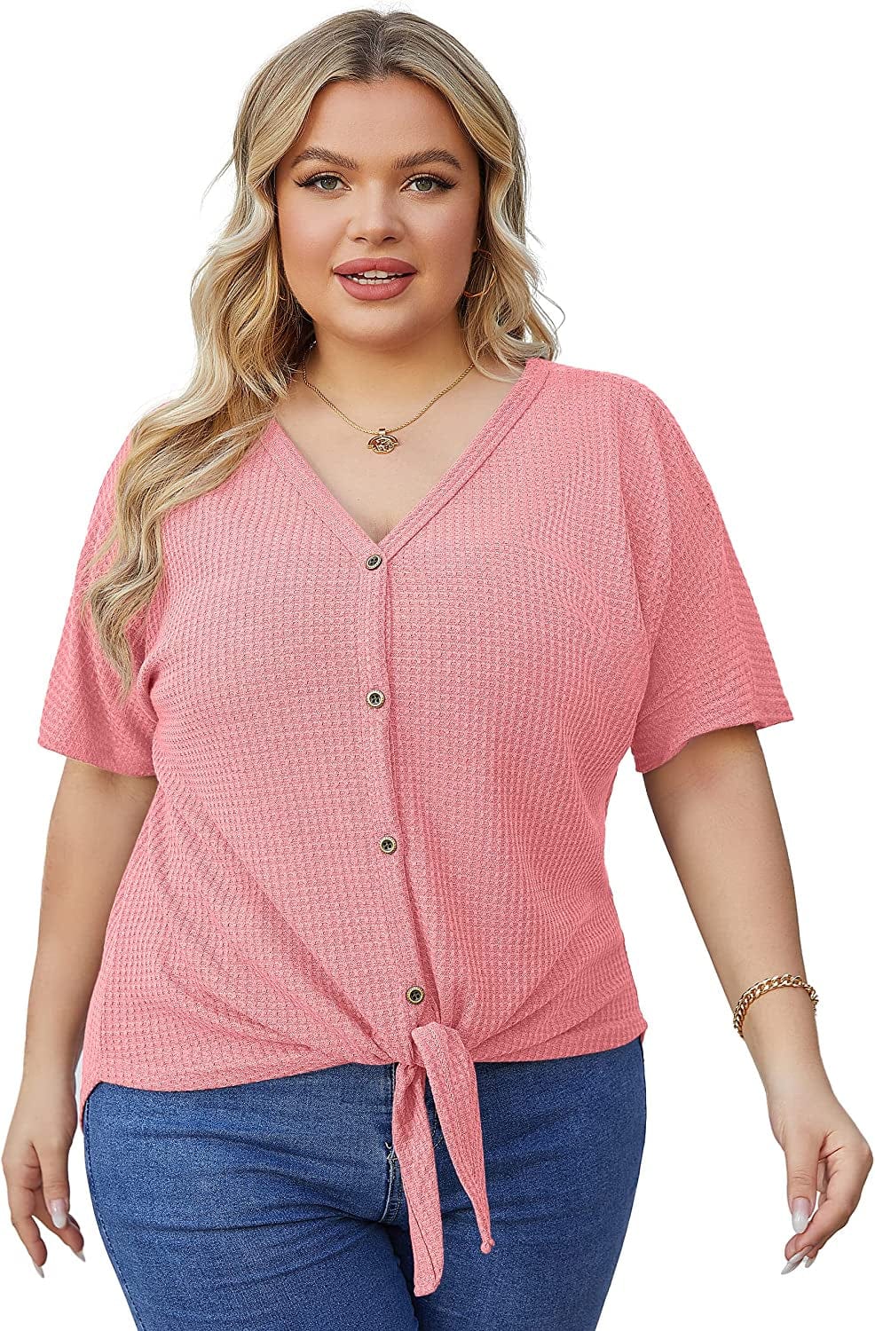 OLRIK Womens plus Size Tops Long/Short Sleeve V Neck Waffle Knit Tunic Blouse Tie Front Button up T Shirts