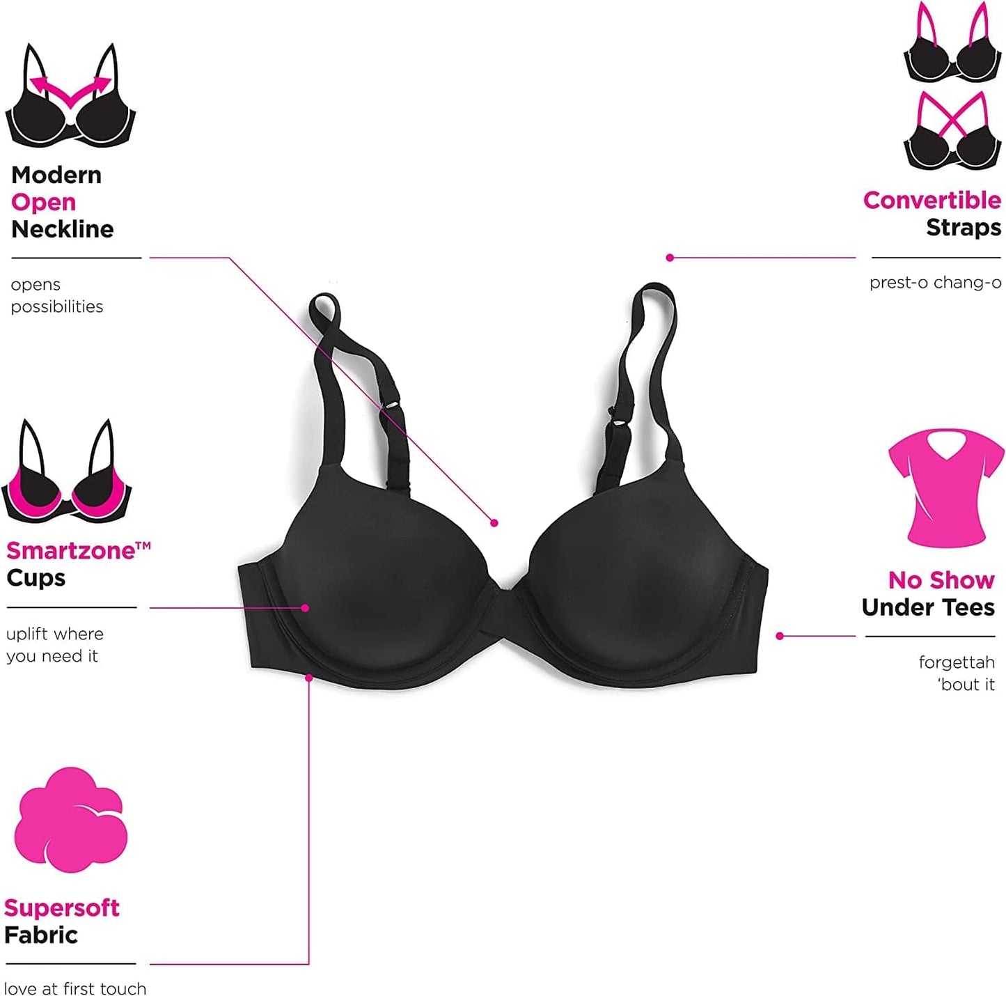 One Fab Fit Underwire Bra, Push-Up T-Shirt Bra, Modern Demi Bra, Lightly Padded Bra with Convertible Straps