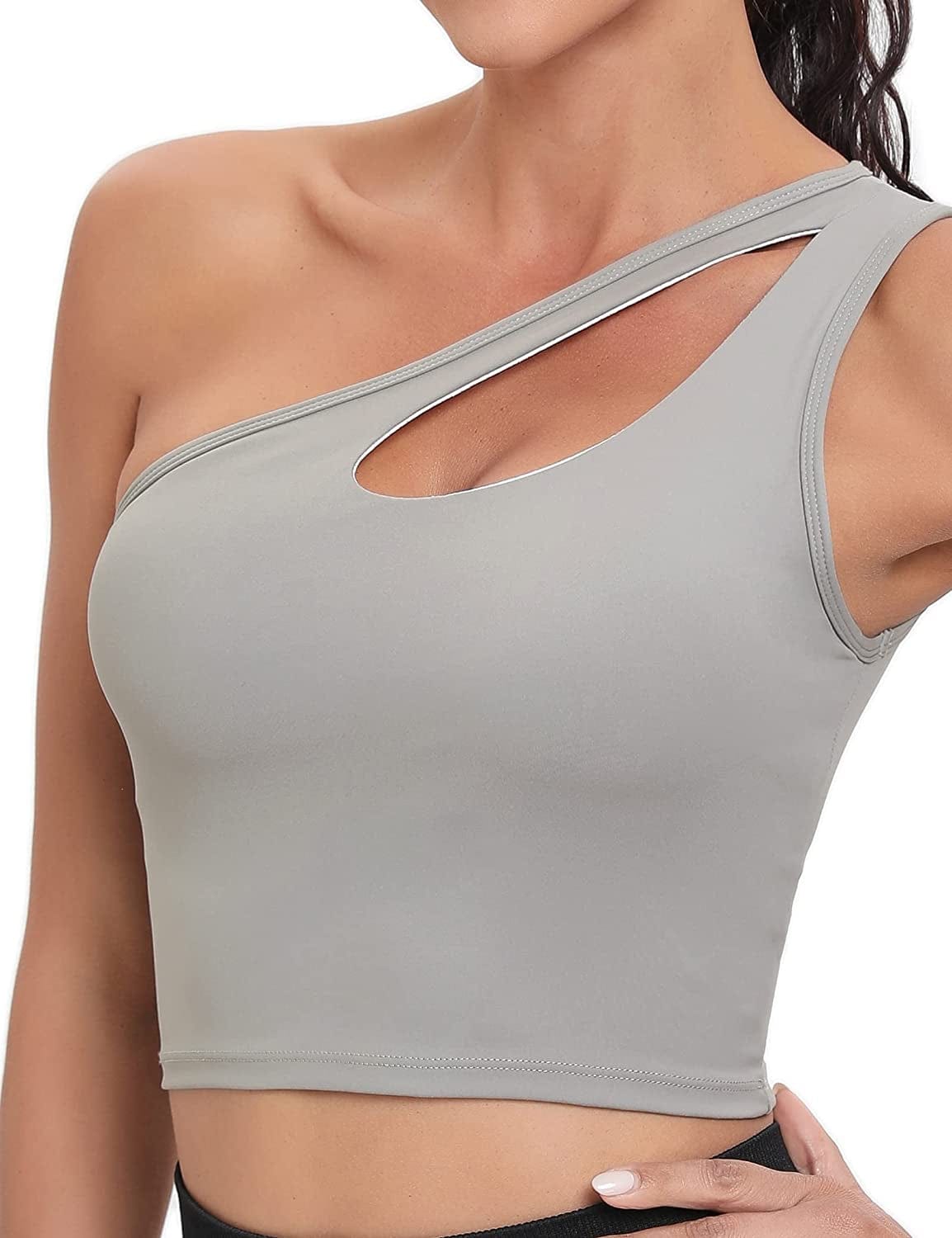 One Shoulder Sports Bra Removable Padded Yoga Top Post-Surgery Wirefree Sexy Cute Medium Support #2 Grey / Large