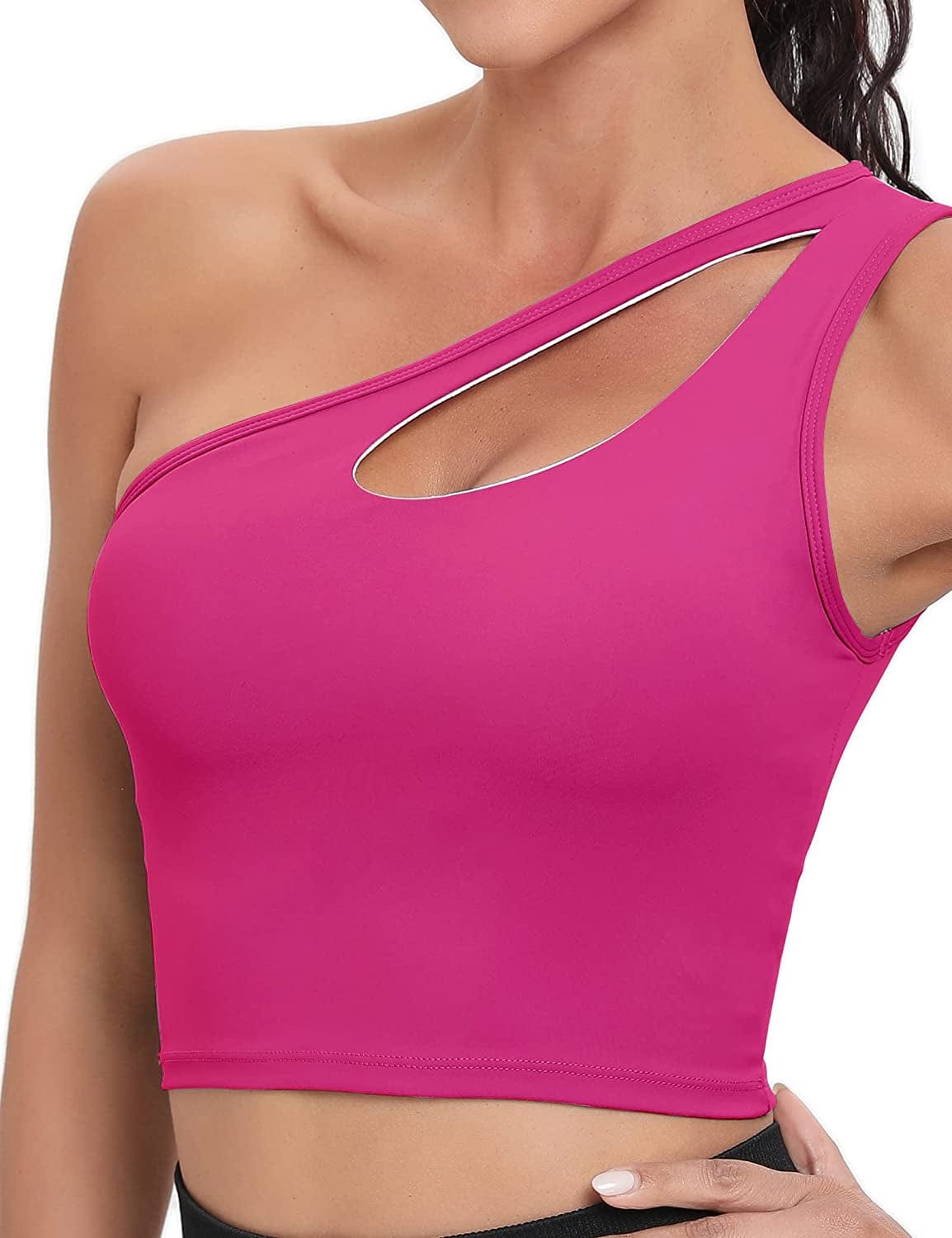 One Shoulder Sports Bra Removable Padded Yoga Top Post-Surgery Wirefree Sexy Cute Medium Support #2 Pink / XX-Large