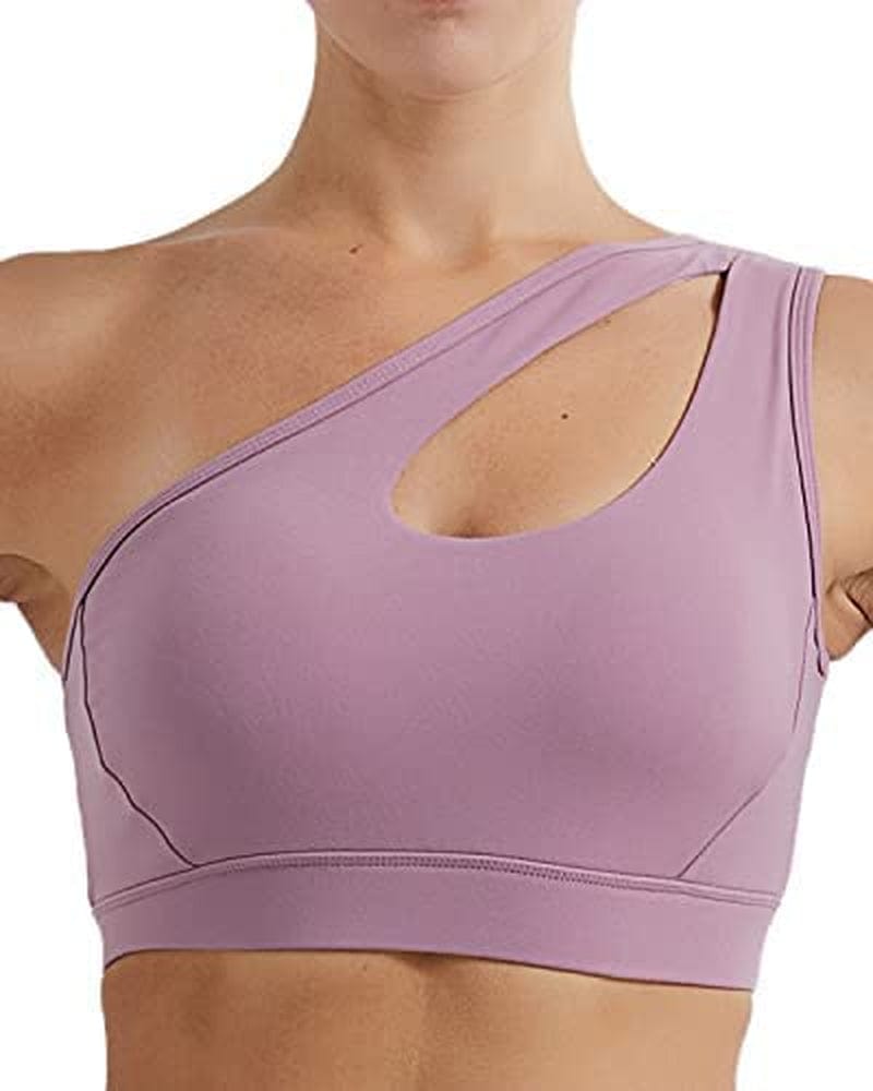 One Shoulder Sports Bra Removable Padded Yoga Top Post-Surgery Wirefree Sexy Cute Medium Support #1 Purple / Medium