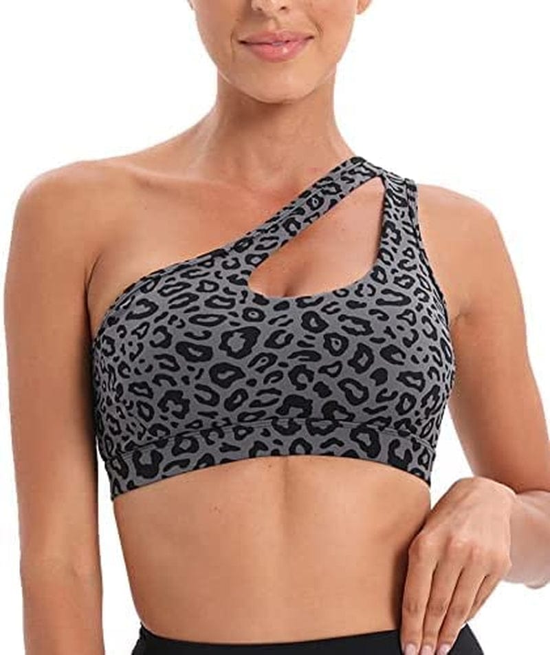 One Shoulder Sports Bra Removable Padded Yoga Top Post-Surgery Wirefree Sexy Cute Medium Support #1 Leopard Print / XX-Large