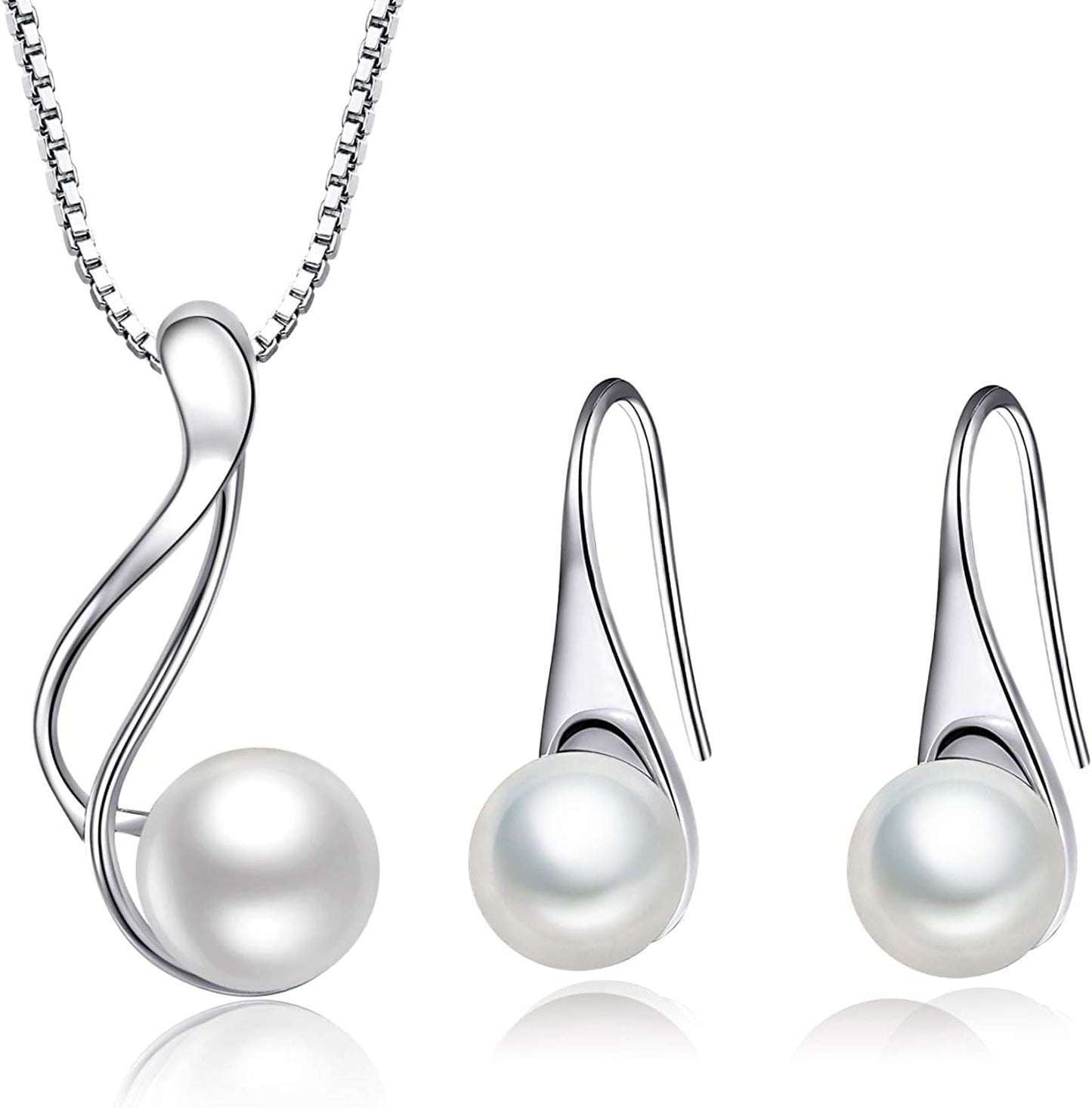 Onesight Sterling Silver Freshwater Cultured Pearl Jewelry Necklace Earrings Set for Women (White Pearl or Dark Blue Pearl) Longer Pearl Earrings Necklace Sets