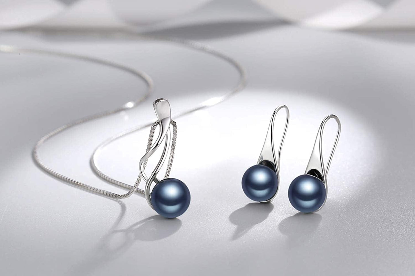 Onesight Sterling Silver Freshwater Cultured Pearl Jewelry Necklace Earrings Set for Women (White Pearl or Dark Blue Pearl)