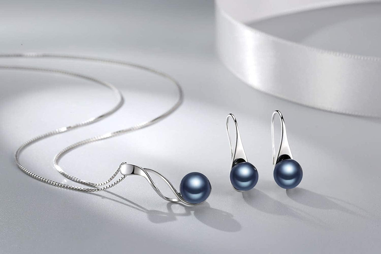 Onesight Sterling Silver Freshwater Cultured Pearl Jewelry Necklace Earrings Set for Women (White Pearl or Dark Blue Pearl)