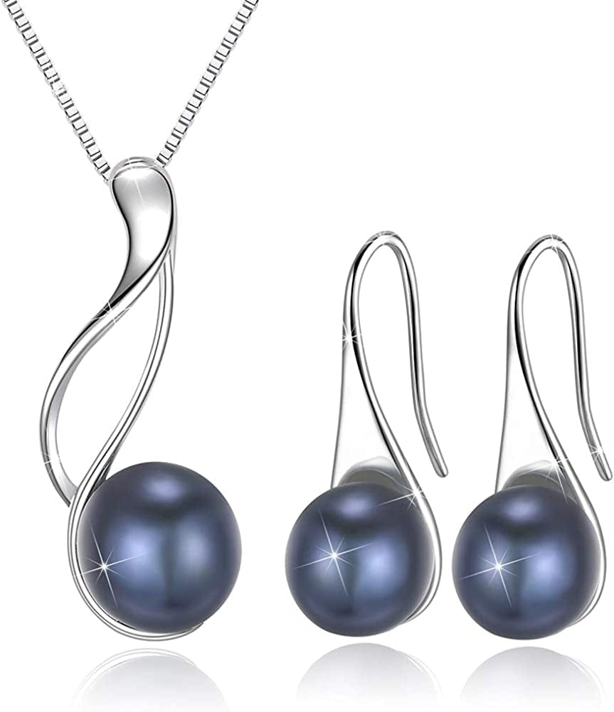 Onesight Sterling Silver Freshwater Cultured Pearl Jewelry Necklace Earrings Set for Women (White Pearl or Dark Blue Pearl) Black Longer Pearl Earrings Necklace Sets