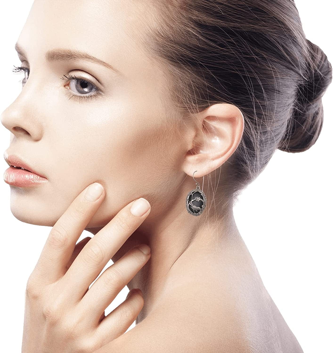 Onyx .925 Sterling Silver Dangle Bird and Flower Earrings 'Curious Bird'