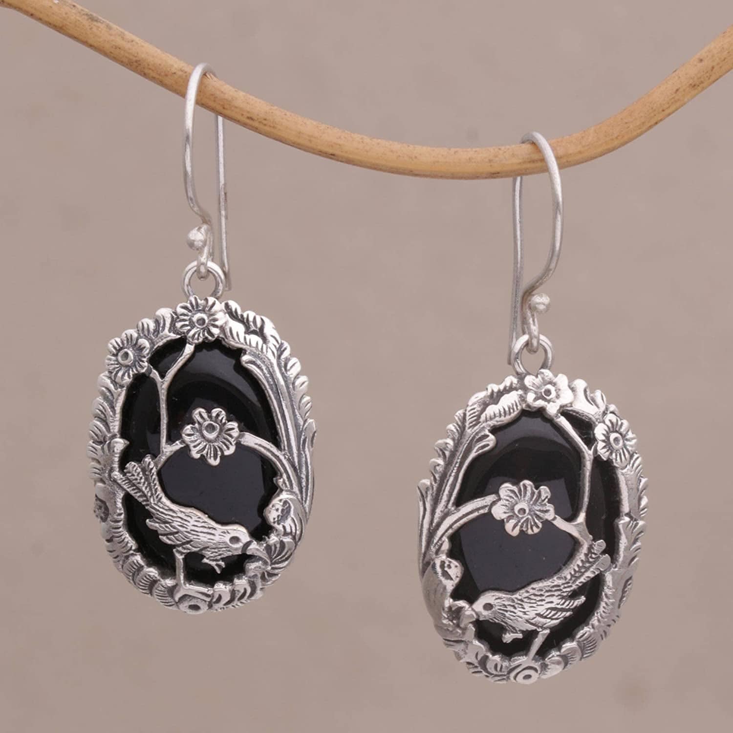 Onyx .925 Sterling Silver Dangle Bird and Flower Earrings 'Curious Bird'