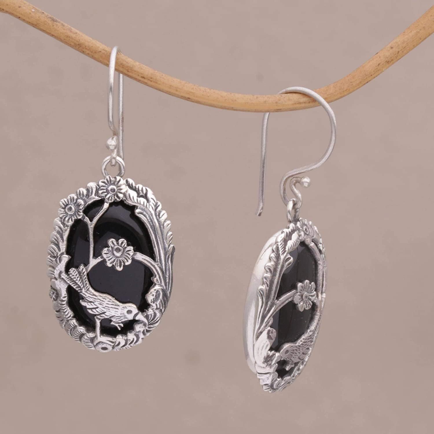 Onyx .925 Sterling Silver Dangle Bird and Flower Earrings 'Curious Bird'