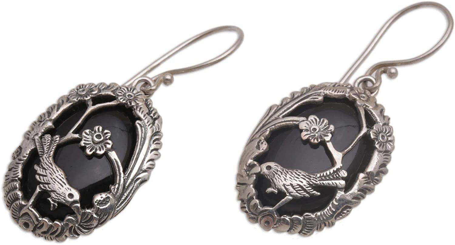 Onyx .925 Sterling Silver Dangle Bird and Flower Earrings 'Curious Bird'