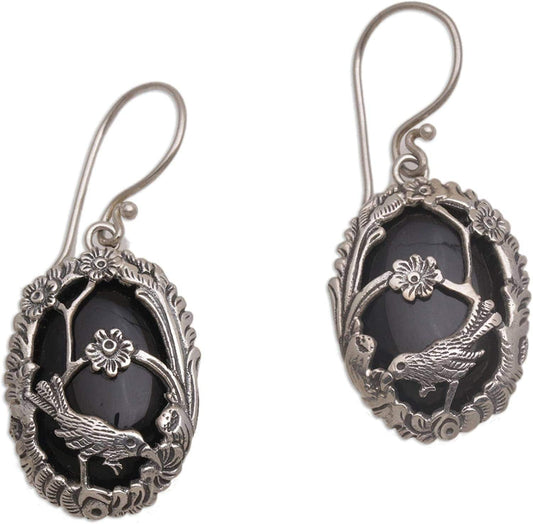 Onyx .925 Sterling Silver Dangle Bird and Flower Earrings 'Curious Bird'