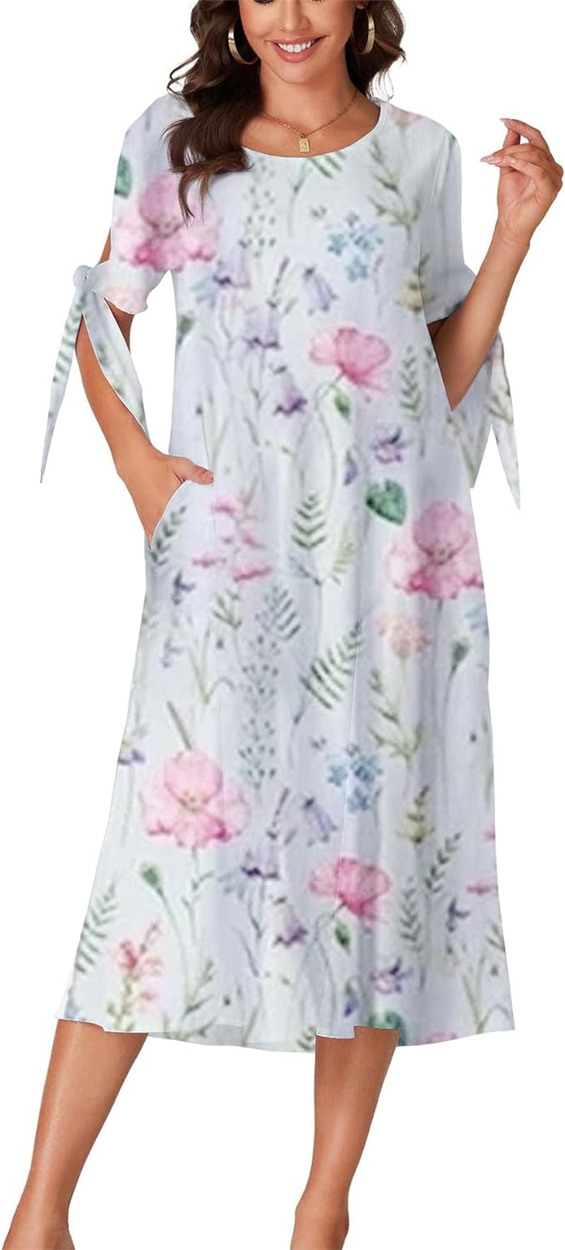 OPOIPIN Women'S Causal Crewneck Self Tie Short Sleeve Flowy Midi Dress with Pockets Multicoloured / Large