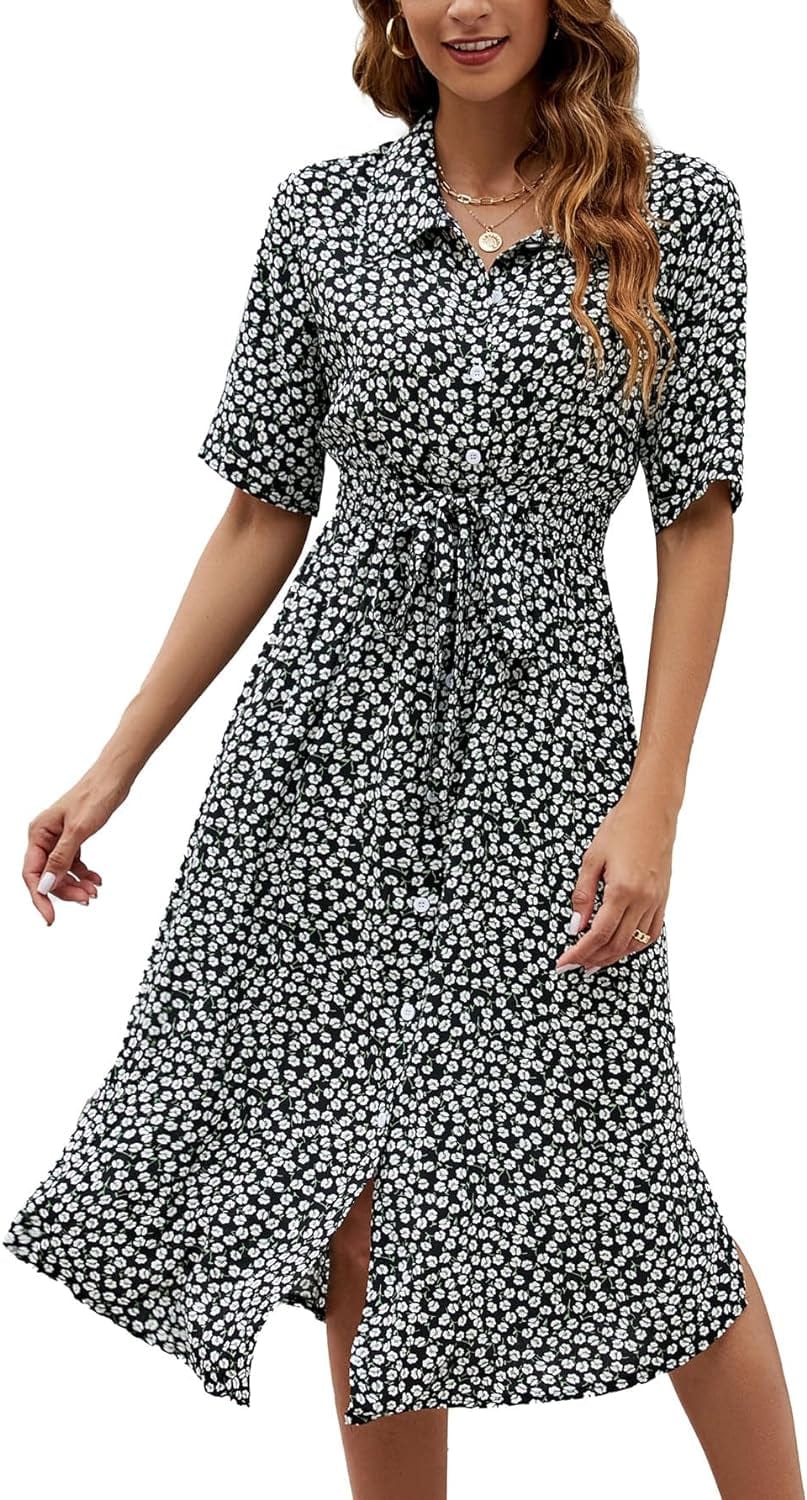 OPOIPIN Women'S Collar V Neck Short Sleeve Boho Floral Print Waist Tie Button Front Midi Dress Black / X-Large