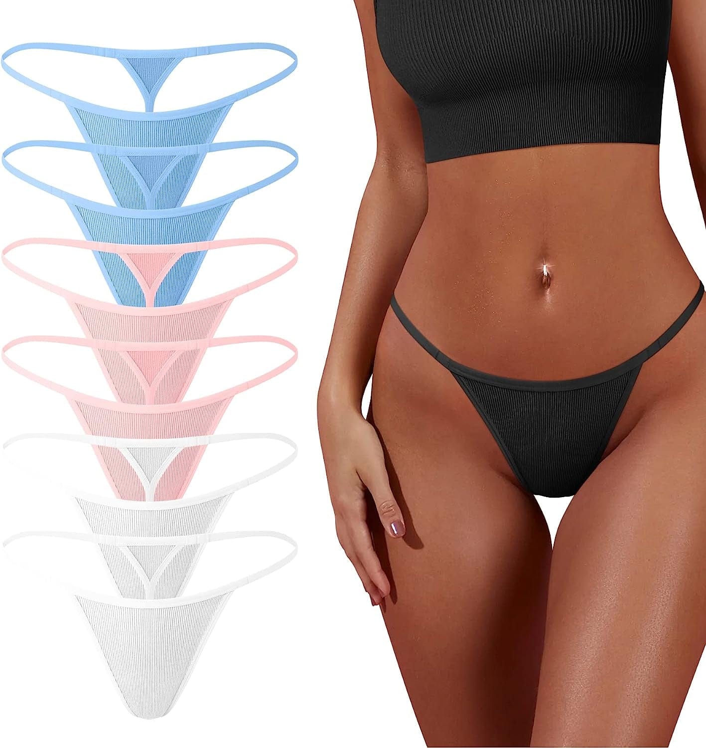 OQQ 6 Pack G-String Thongs for Women Cotton Panties Stretch T-Back Tangas Low Rise Hipster Sexy Underwear S-XL 2candyblue,2pink,2white / Medium