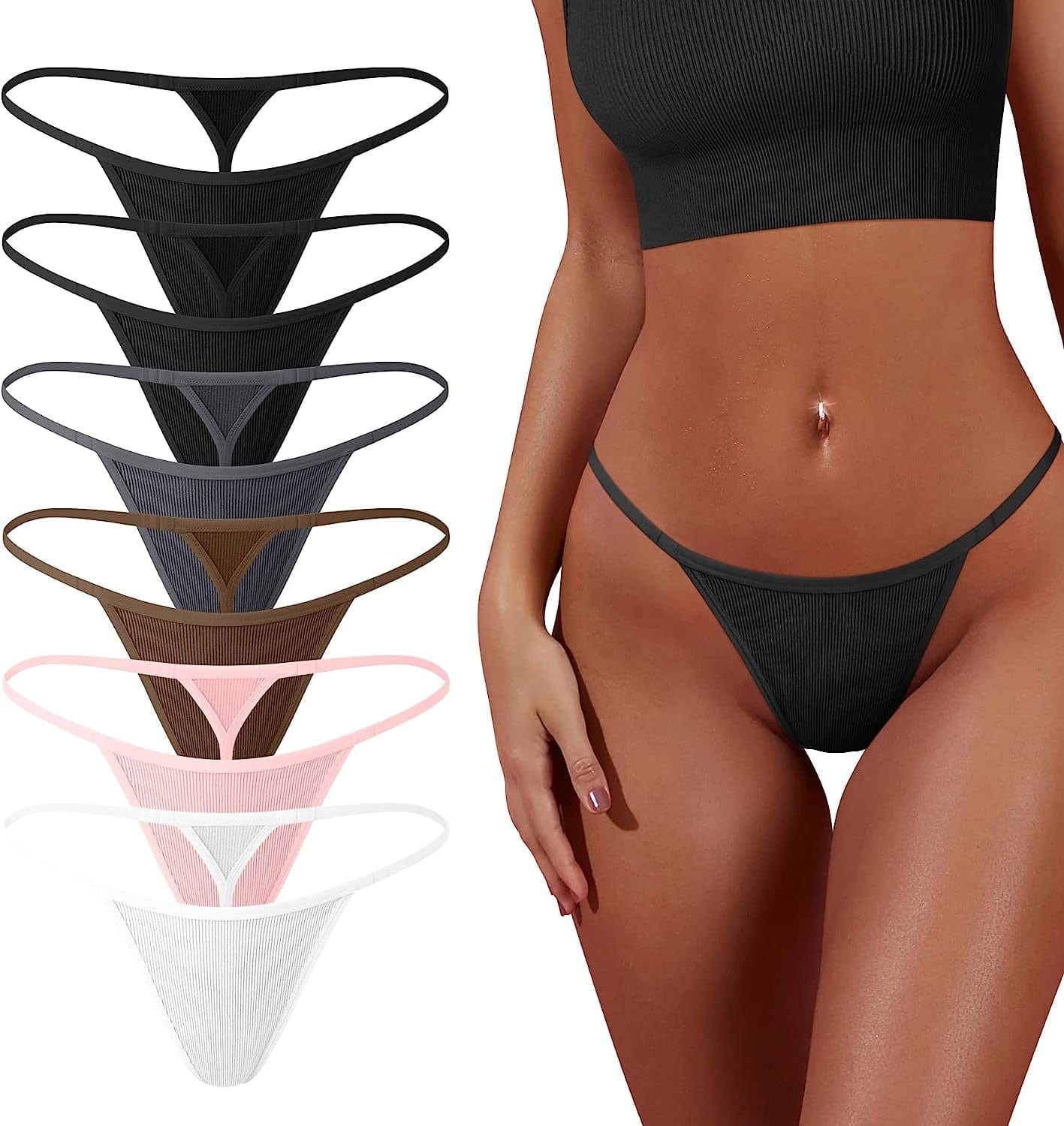 OQQ 6 Pack G-String Thongs for Women Cotton Panties Stretch T-Back Tangas Low Rise Hipster Sexy Underwear S-XL 2black,1grey,1coffee,1pink,1white / Small