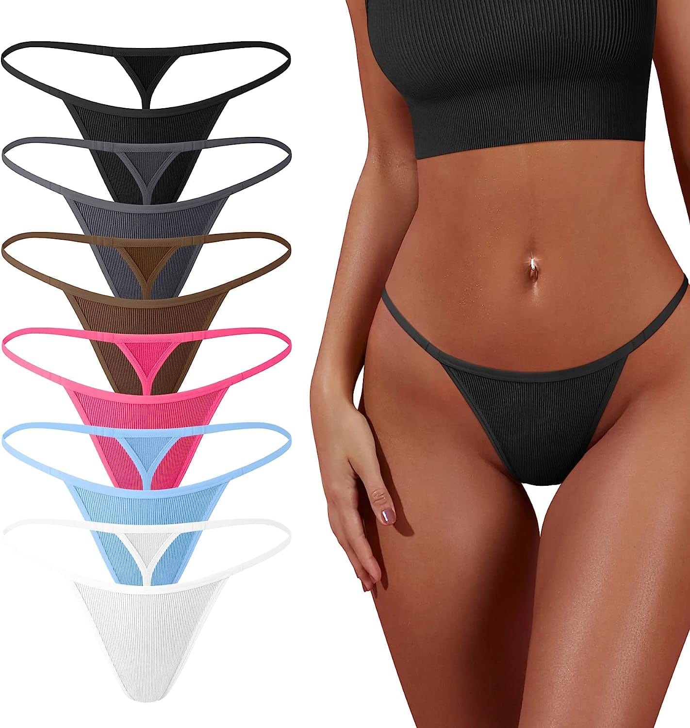 OQQ 6 Pack G-String Thongs for Women Cotton Panties Stretch T-Back Tangas Low Rise Hipster Sexy Underwear S-XL 1black,1grey,1coffee,1peachred,1candyblue,1white / Large