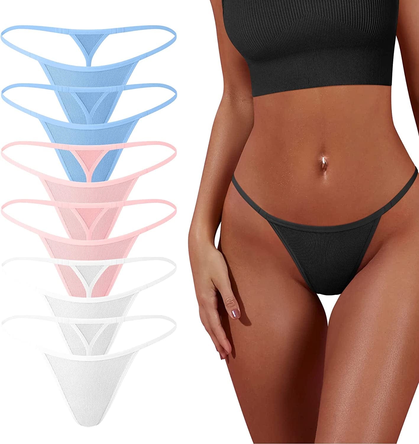 OQQ 6 Pack G-String Thongs for Women Cotton Panties Stretch T-Back Tangas Low Rise Hipster Sexy Underwear S-XL 2candyblue,2pink,2white / X-Large
