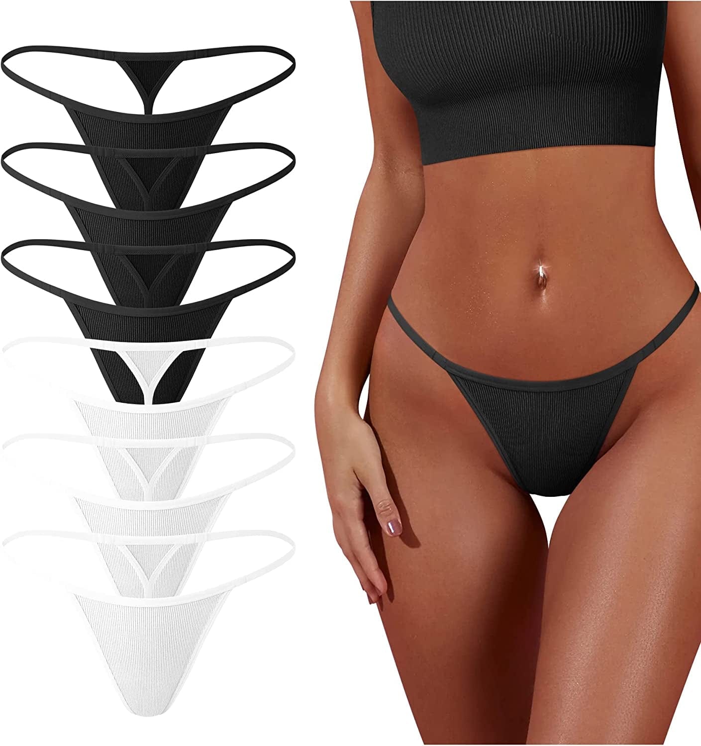OQQ 6 Pack G-String Thongs for Women Cotton Panties Stretch T-Back Tangas Low Rise Hipster Sexy Underwear S-XL 3black,3white / X-Large