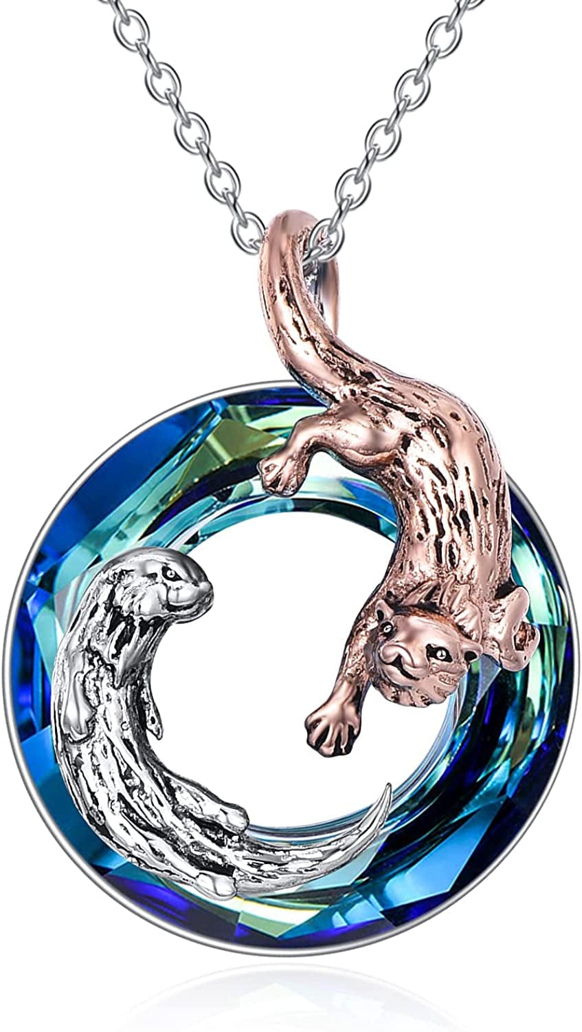 Otter Gifts for Women Sterling Silver Crystal Sea Otter Necklace Cute Otter Pendant for Mom Sister Girls Christmas Jewelry Gift two otter necklace