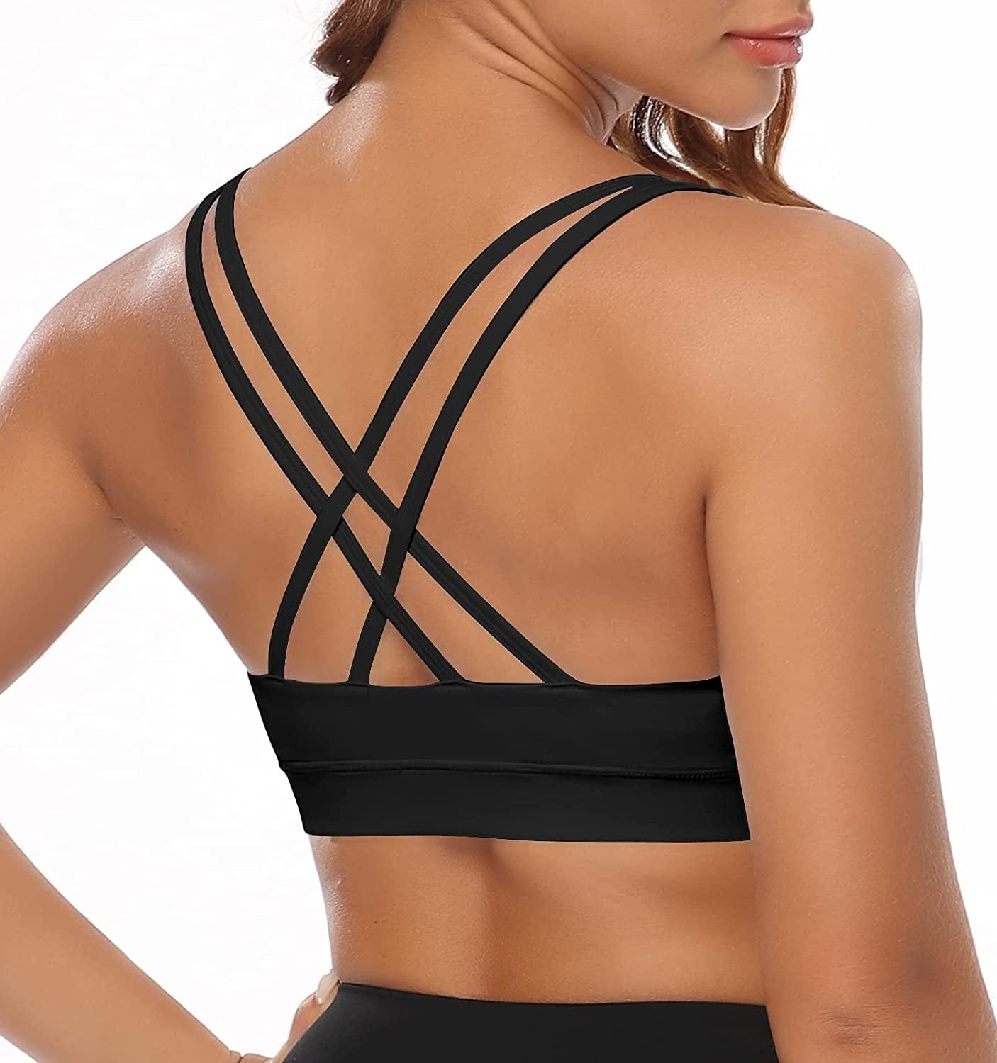 OUYISHANG Strappy Yoga Workout Sports Bras for Women Criss Cross Back Medium Support Running Bra with Removable Cups Y025-black / Medium