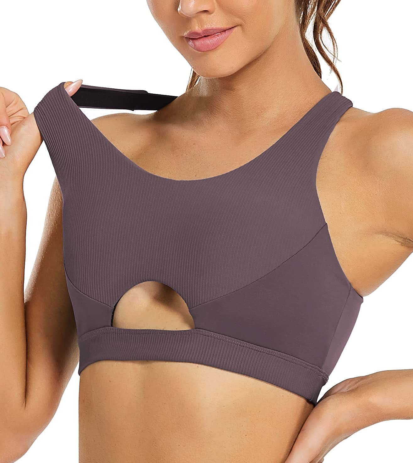 OUYISHANG Strappy Yoga Workout Sports Bras for Women Criss Cross Back Medium Support Running Bra with Removable Cups Brown Purple / X-Large