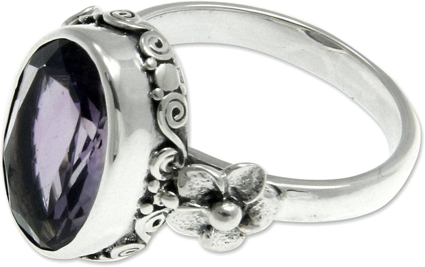 Oval Amethyst .925 Sterling Silver Handcrafted Floral Ring, Frangipani Allure' 5.5