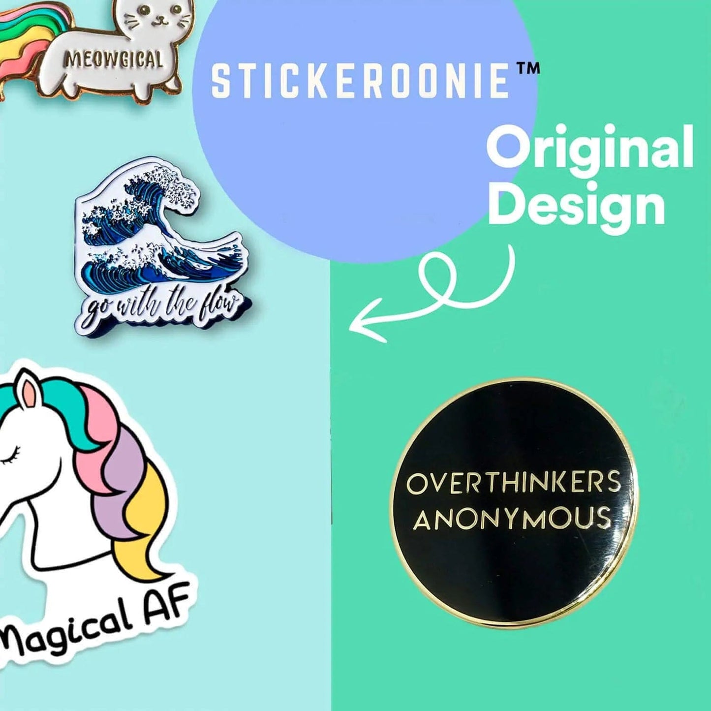 Overthinkers Anonymous Funny Enamel Lapel Pin. 1.1 Inch Size. Black Gold Enamel Pins, Hat Pins, Jean Pins, Backpack Pins