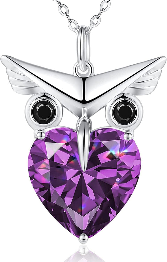 Owl Heart Pendant Necklaces for Women 925 Sterling Silver Zirconia Animal Pendant Necklace Mother'S Day Jewelry Gifts for Mom Daughter Sister Grandma Wife Her Violet