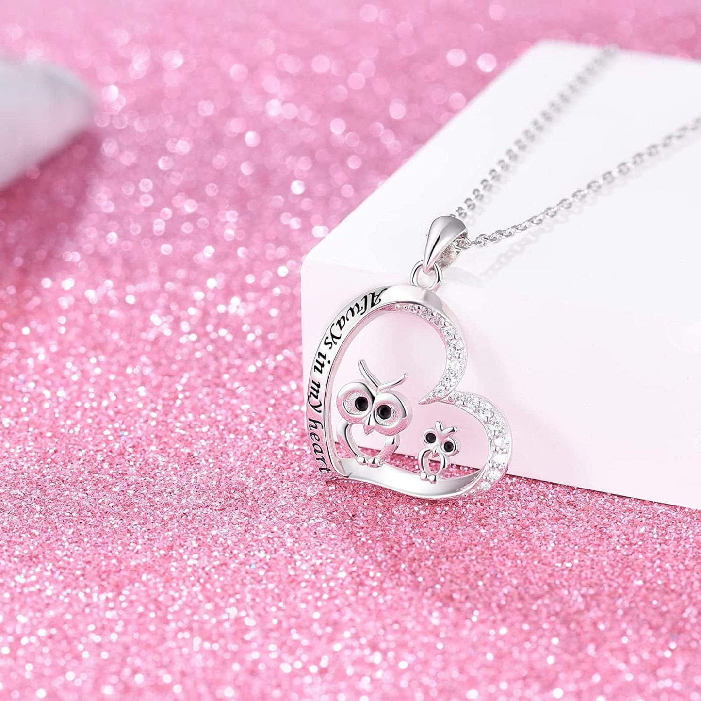Owl Necklaces for Women Girls 925 Sterling Silver Mother Daughter Cute Owl Always in My Heart Pendant Necklace Animal Jewelry for Birthday Mother'S Day Gift