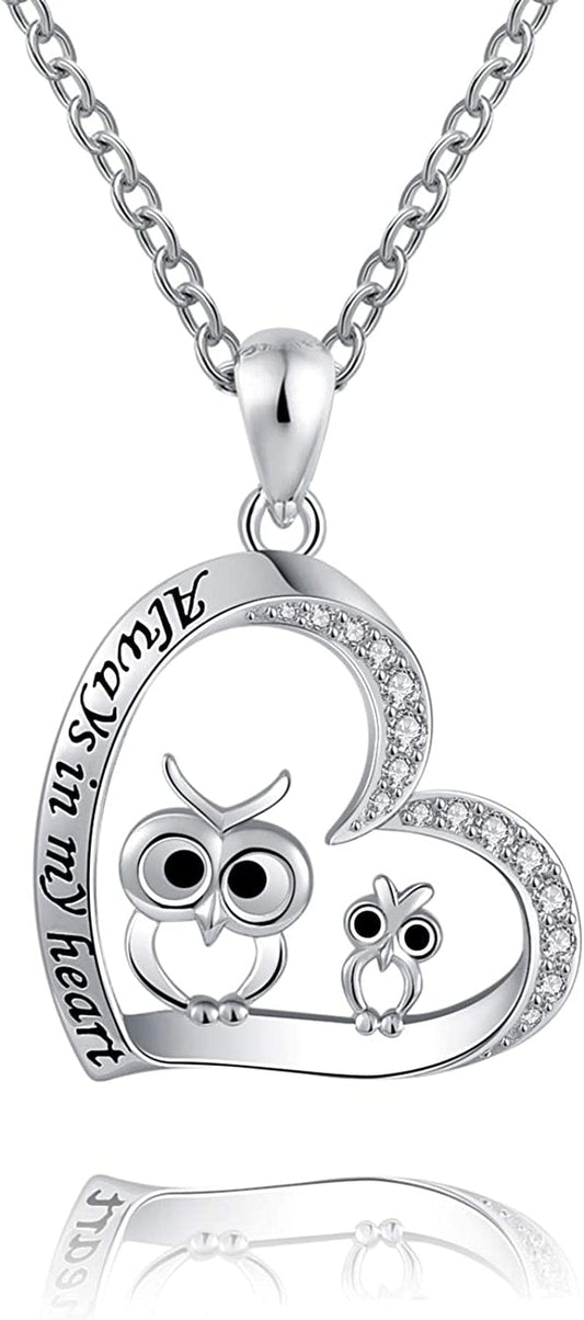 Owl Necklaces for Women Girls 925 Sterling Silver Mother Daughter Cute Owl Always in My Heart Pendant Necklace Animal Jewelry for Birthday Mother'S Day Gift
