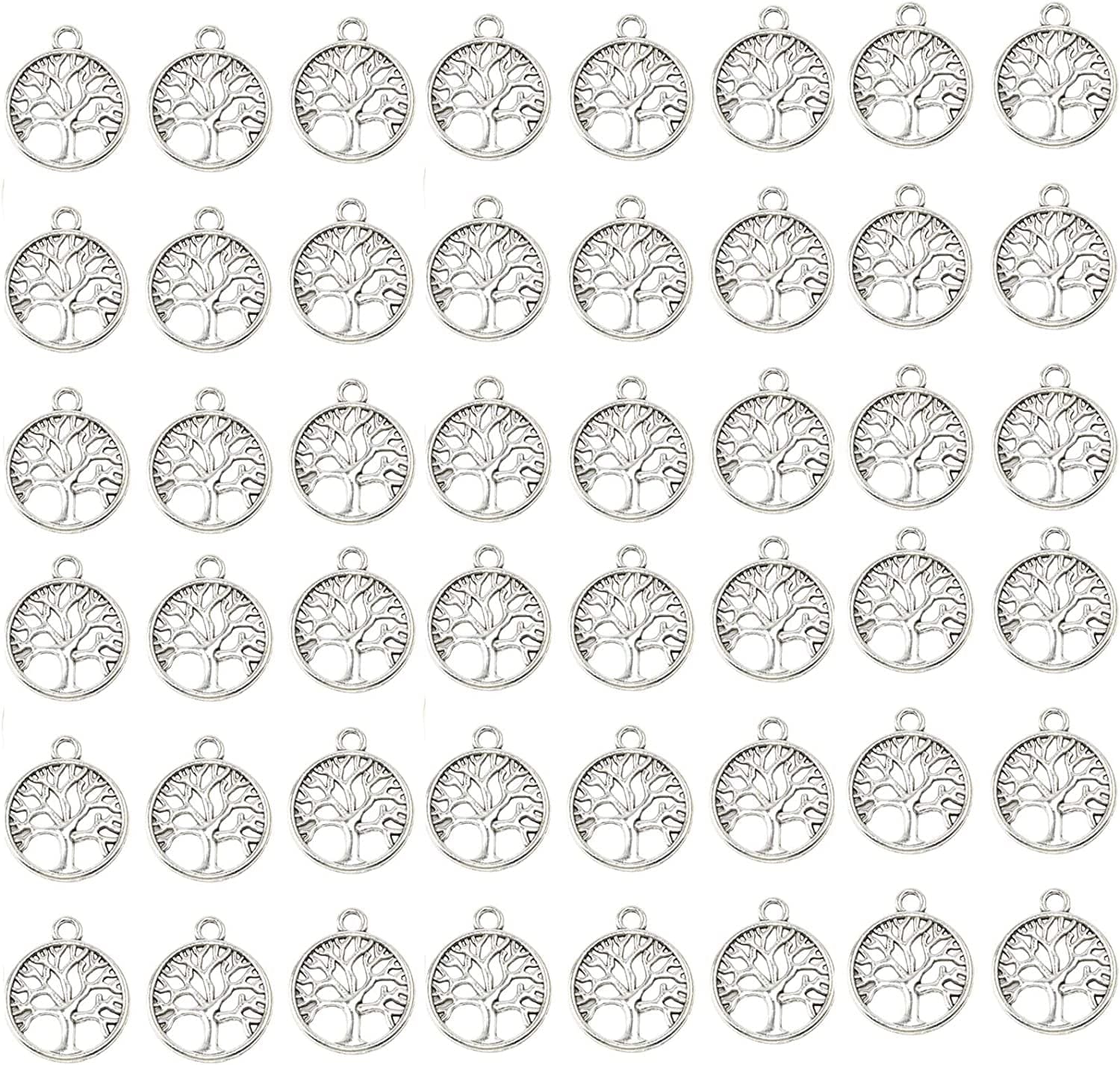 Pack of 50 Tree of Life Charms Jewelry Making Silver Charms Mixed Smooth Tibetan Silver Metal Charms Pendants DIY for Necklace Bracelet Jewelry Making and Crafting