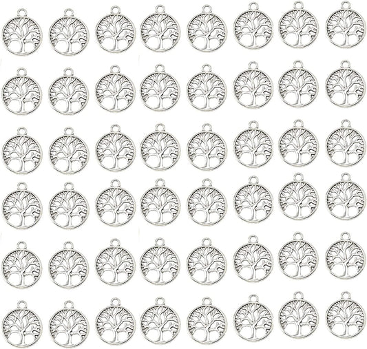 Pack of 50 Tree of Life Charms Jewelry Making Silver Charms Mixed Smooth Tibetan Silver Metal Charms Pendants DIY for Necklace Bracelet Jewelry Making and Crafting