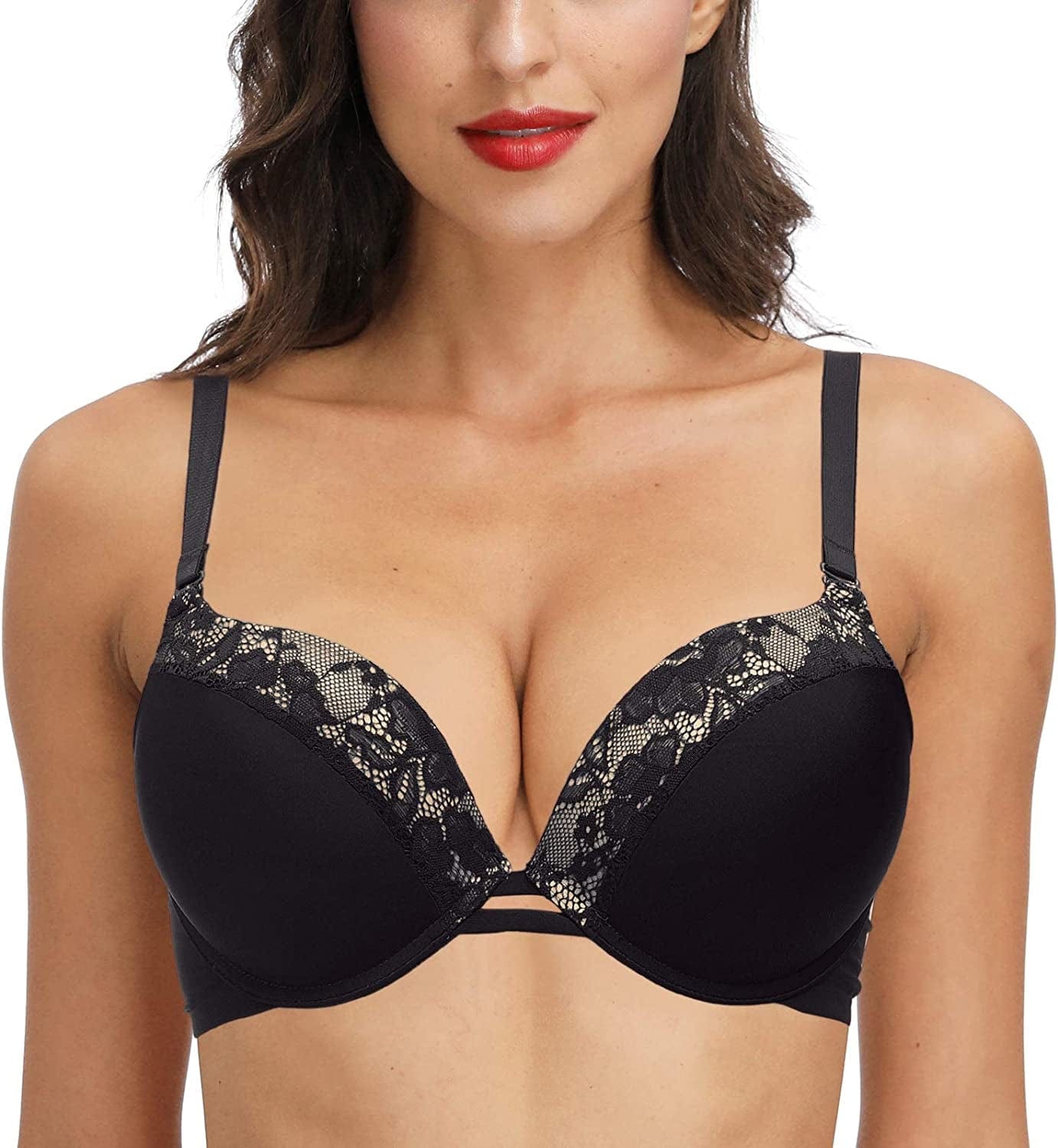 Padded Push up Bra Lift Underwire Support Plunge T Shirt Brassiere for Women Add One Cup Black / 40C