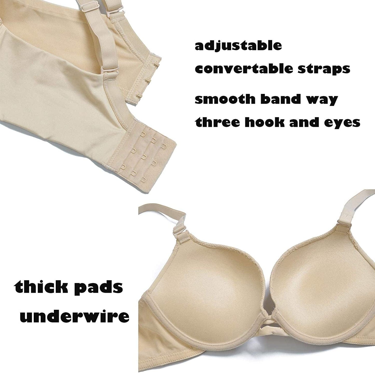 Padded Push up Bra Lift Underwire Support Plunge T Shirt Brassiere for Women Add One Cup