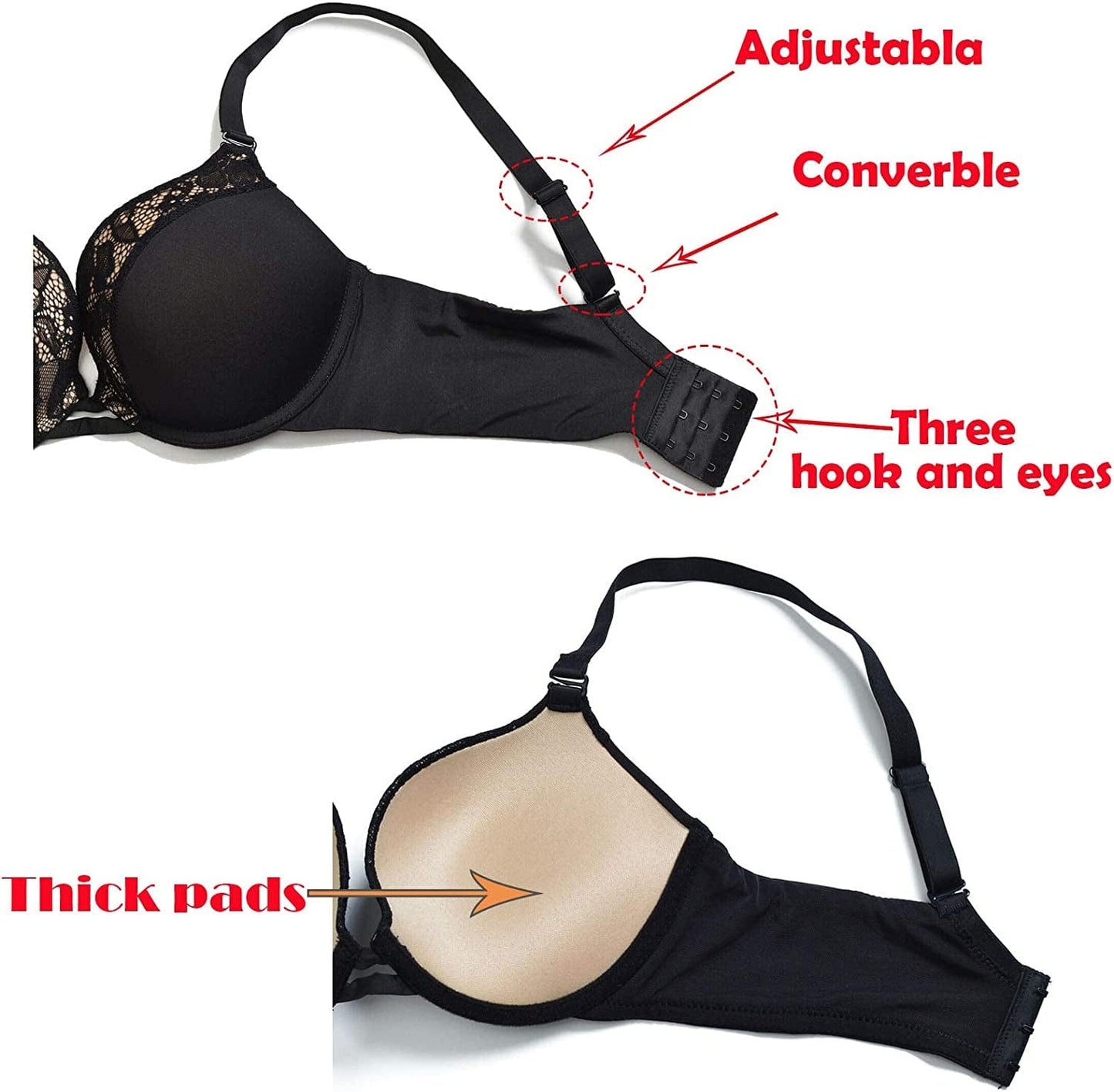 Padded Push up Bra Lift Underwire Support Plunge T Shirt Brassiere for Women Add One Cup