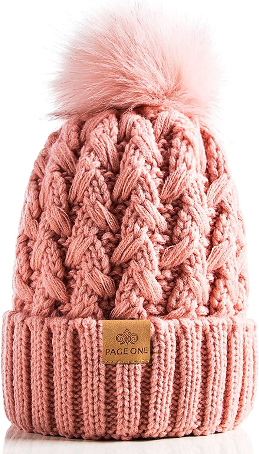 PAGE ONE Womens Winter Ribbed Beanie Crossed Cap Chunky Cable Knit Pompom Soft Warm Hat Apparel & Accessories > Clothing Accessories > Hats PAGE ONE Rose Pink