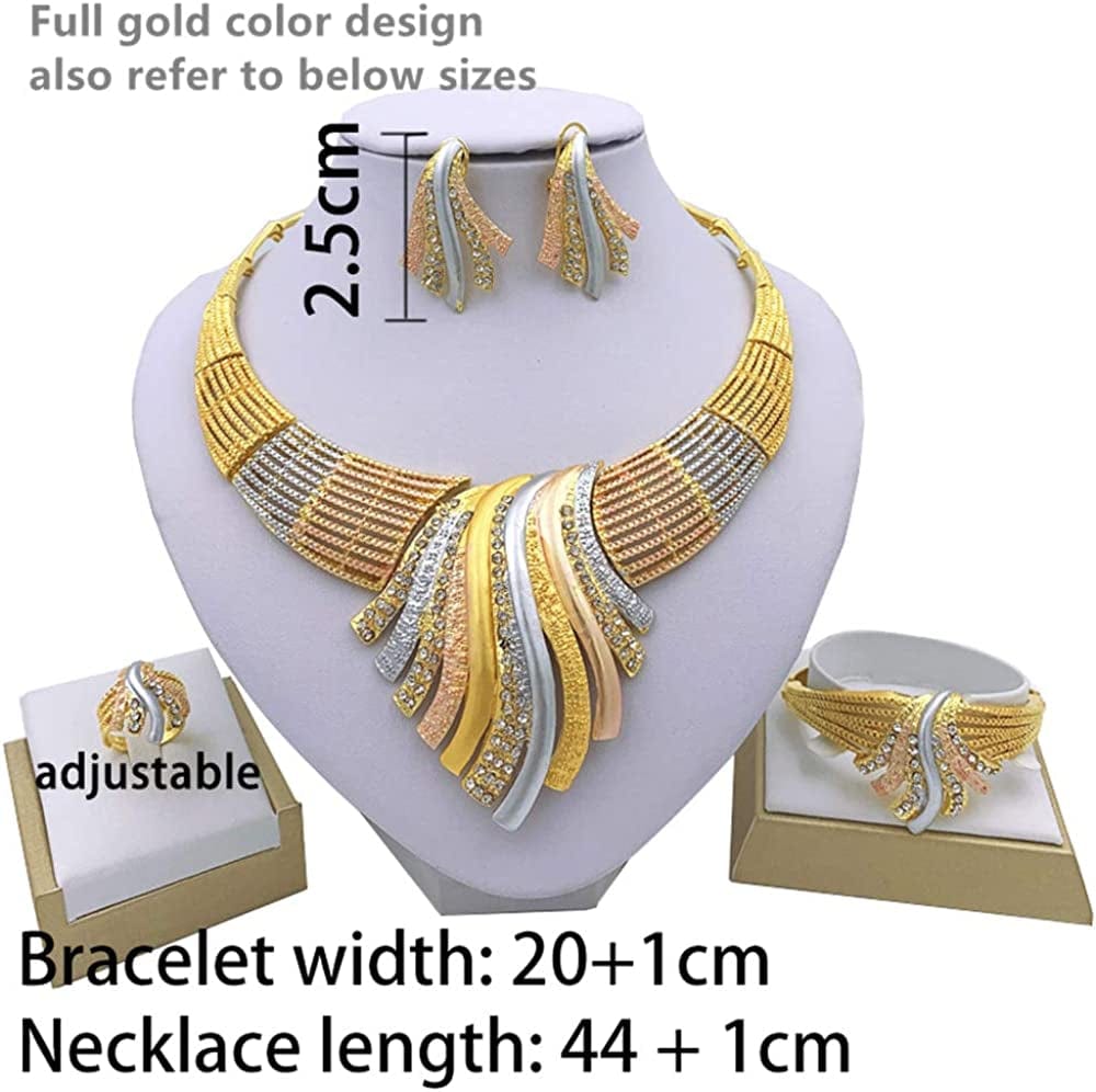 Pakistani Jewelry for Women Gift Fashion Golden Costume Jewelry for Women Necklaces Gold Earrings Bracelet Ring for Brides Bridesmaid Mother on Wedding
