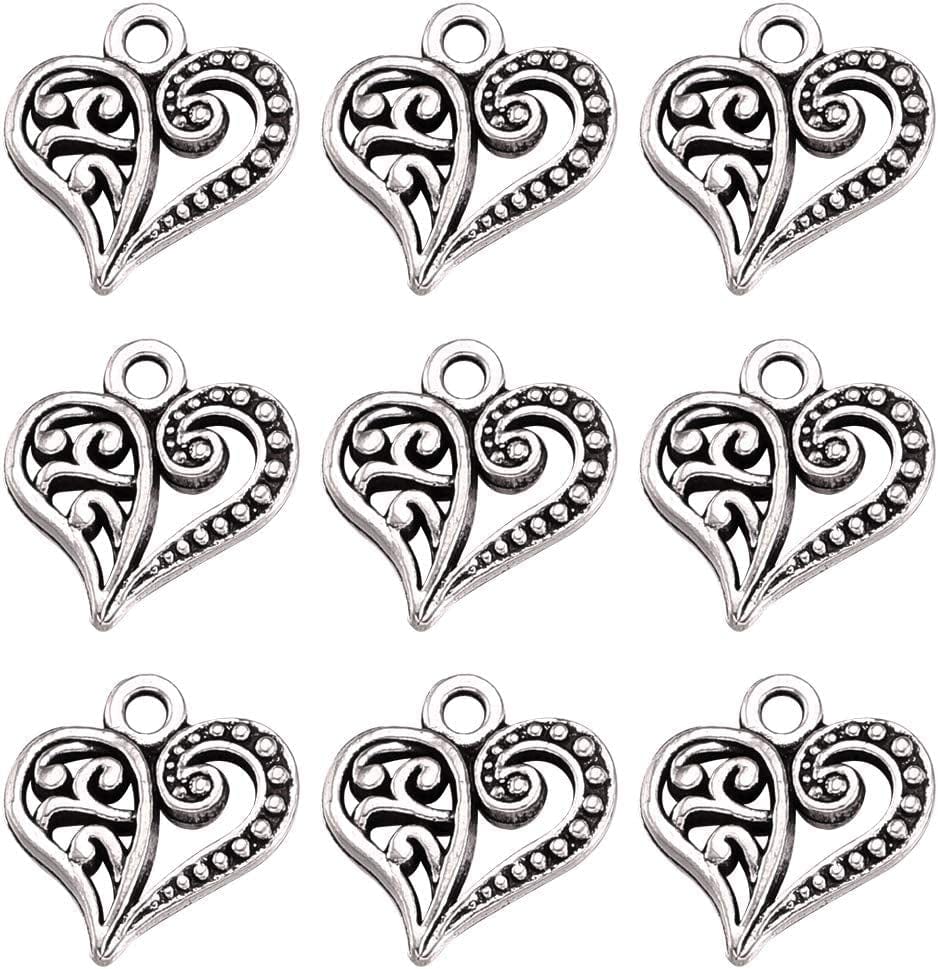 Pandahall 100Pcs Tibetan Style Heart Alloy Pendants 9.5-18 X 9.5-17Mm 10 Style Antique Silver Sweet Heart Charms for DIY Earring Bracelet Jewelry Making Filigree Heart,50pcs,Antique silver