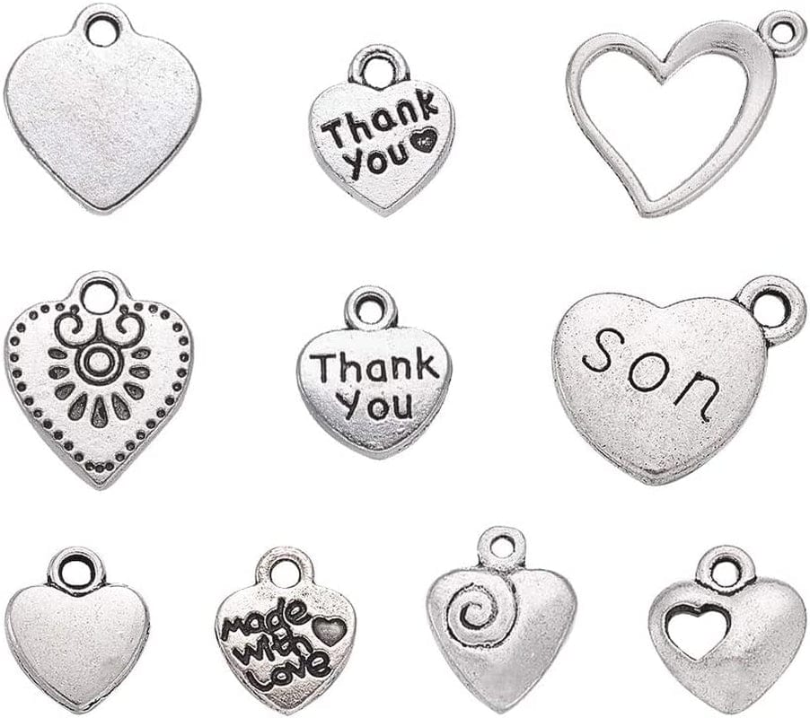 Pandahall 100Pcs Tibetan Style Heart Alloy Pendants 9.5-18 X 9.5-17Mm 10 Style Antique Silver Sweet Heart Charms for DIY Earring Bracelet Jewelry Making Heart, 100pcs, Antique Silver