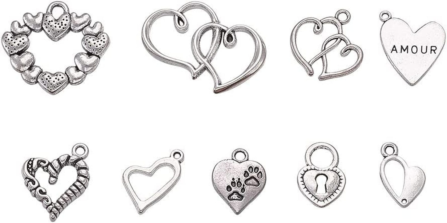 Pandahall 100Pcs Tibetan Style Heart Alloy Pendants 9.5-18 X 9.5-17Mm 10 Style Antique Silver Sweet Heart Charms for DIY Earring Bracelet Jewelry Making Sweet Heart, 50pcs,Antique Sliver