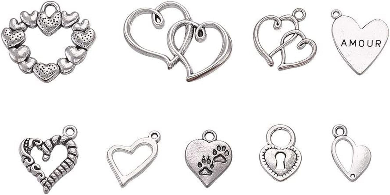 Pandahall 100Pcs Tibetan Style Heart Alloy Pendants 9.5-18 X 9.5-17Mm 10 Style Antique Silver Sweet Heart Charms for DIY Earring Bracelet Jewelry Making Sweet Heart, 50pcs,Antique Sliver