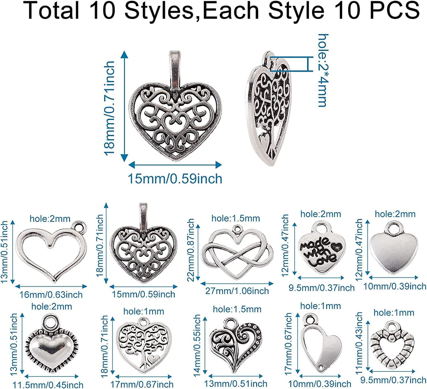 Pandahall 100Pcs Tibetan Style Heart Alloy Pendants 9.5-18 X 9.5-17Mm 10 Style Antique Silver Sweet Heart Charms for DIY Earring Bracelet Jewelry Making